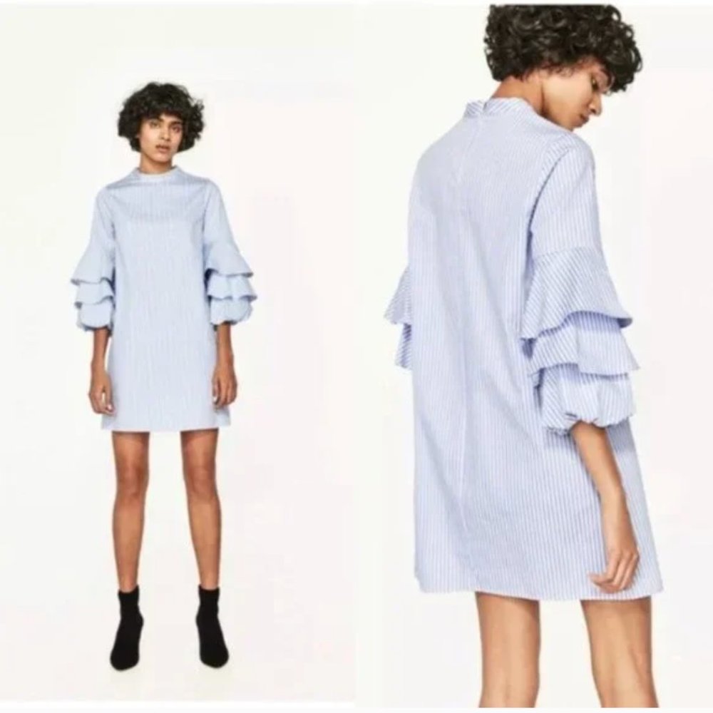 Zara Basic Stripe Shift Dress with Frilled Sleeves M